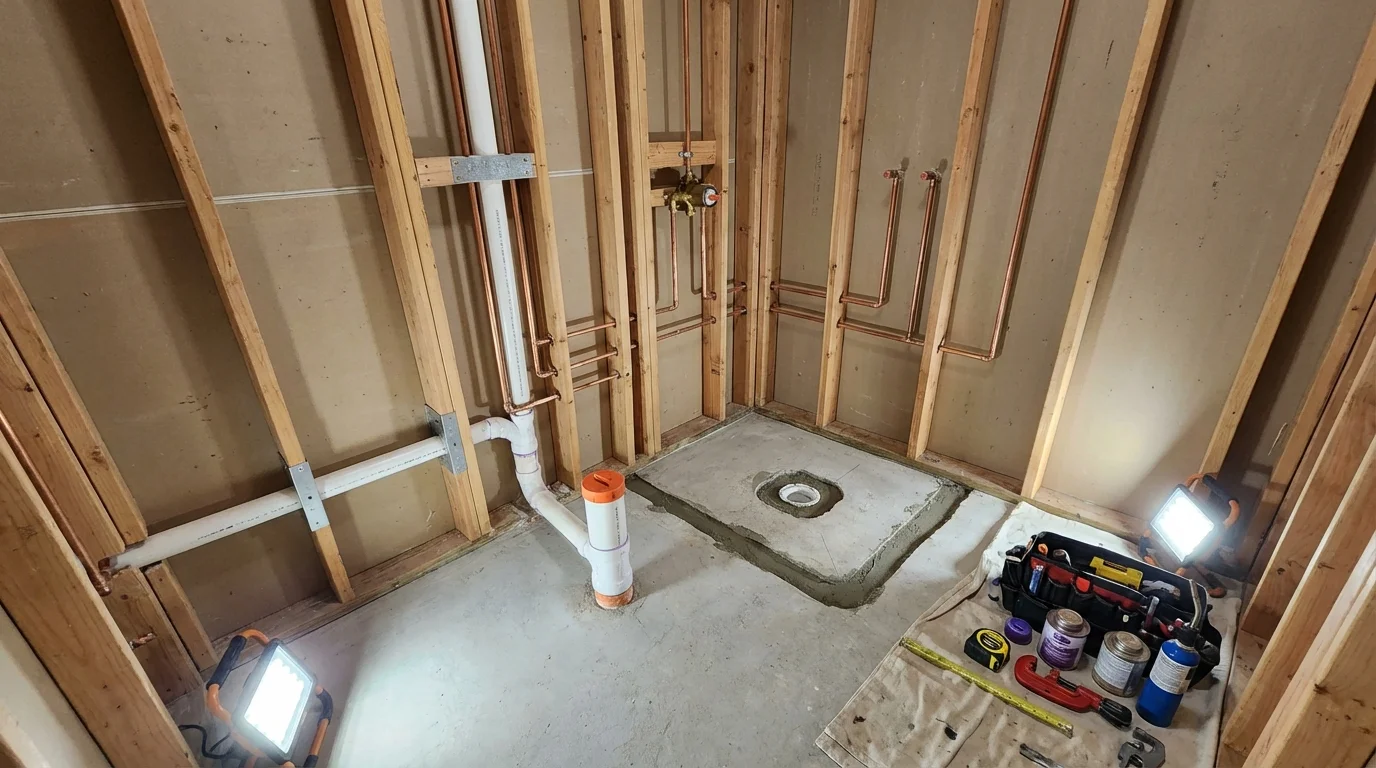 Bathroom rough-in plumbing during remodel by Johns Plumbing LLC in Eagle Butte