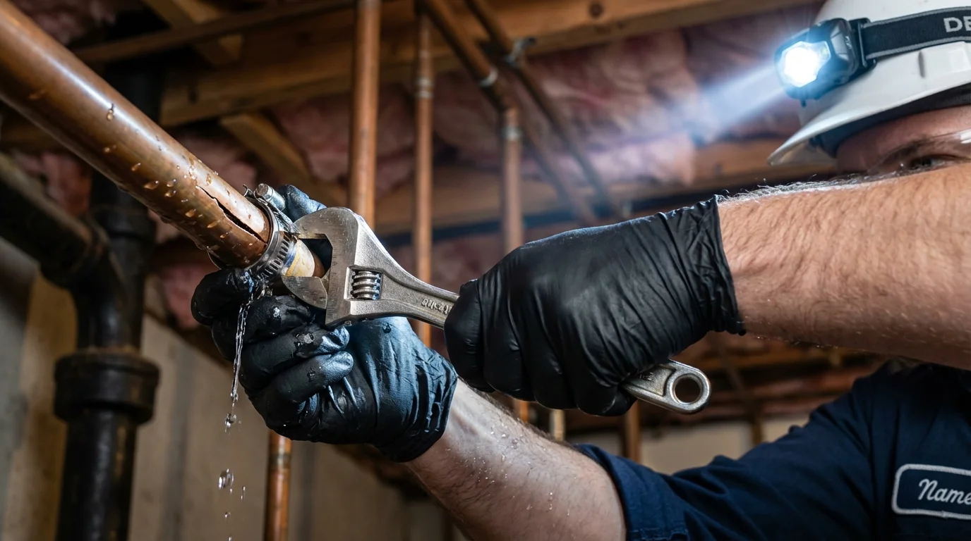 Emergency pipe clamp repair being performed by a Johns Plumbing LLC plumber in Eagle Butte