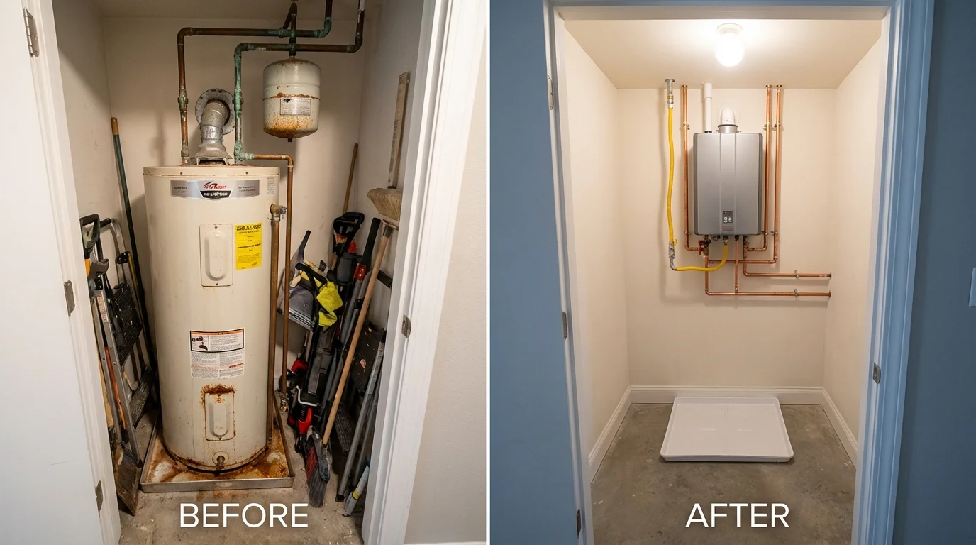 Tank water heater versus wall-mounted tankless unit comparison for Eagle Butte, SD homeowners