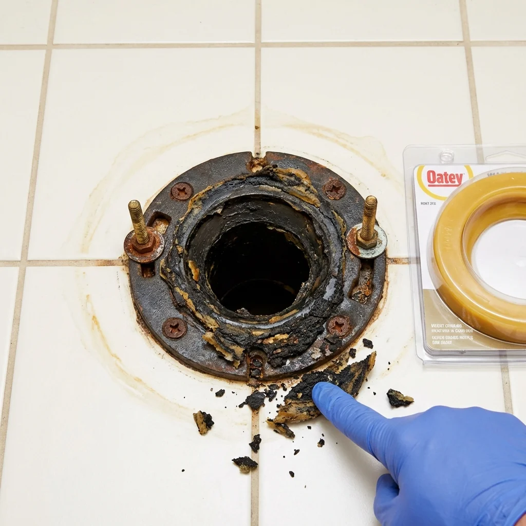 Failed wax ring showing water seepage at the base of a toilet in a Eagle Butte, SD home